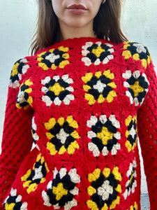 Ricardo Italy Red Granny Square Crochet Pullover Sweater