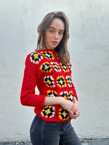 Ricardo Italy Red Granny Square Crochet Pullover Sweater