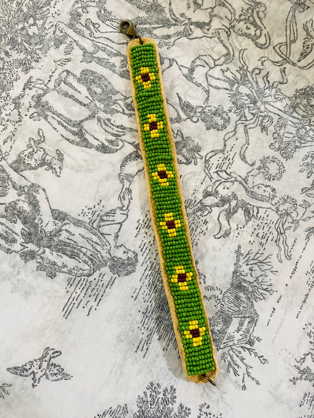 Vintage Green and Yellow Beaded Suede Bracelet