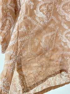 Vintage Beige Embroidered Three-Quarter Sleeve Sheer Top