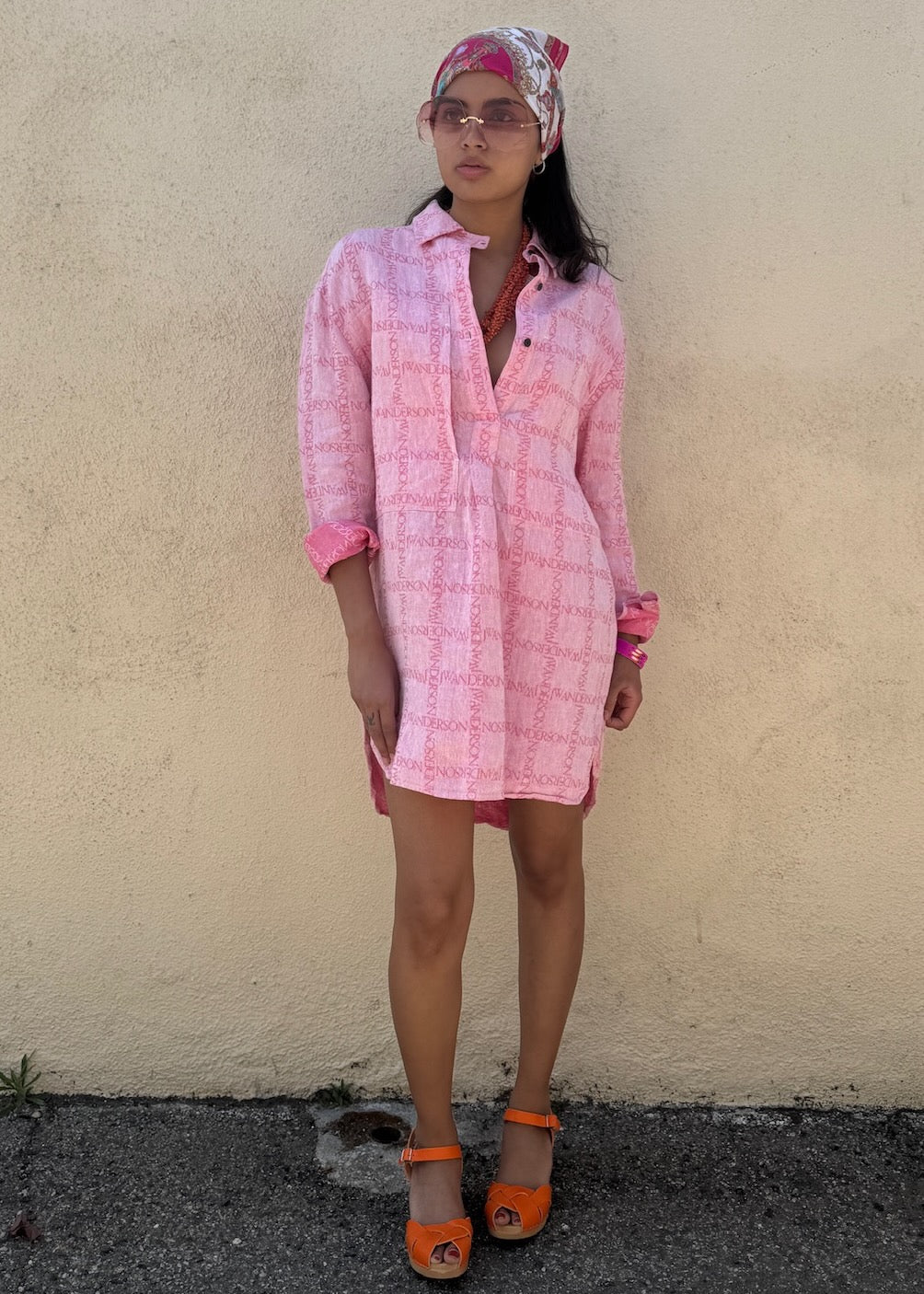 JW Anderson Pink Logo Linen Shirt Dress - The Curatorial Dept.