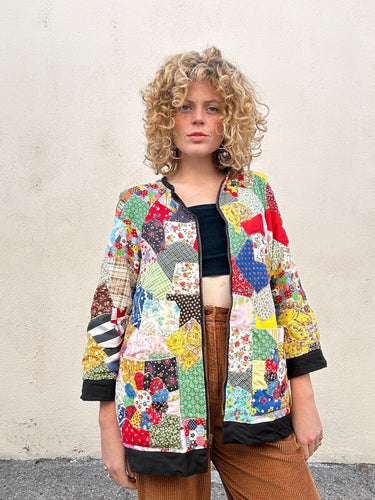 Vintage Handmade Multicolor Patchwork Quilt Jacket