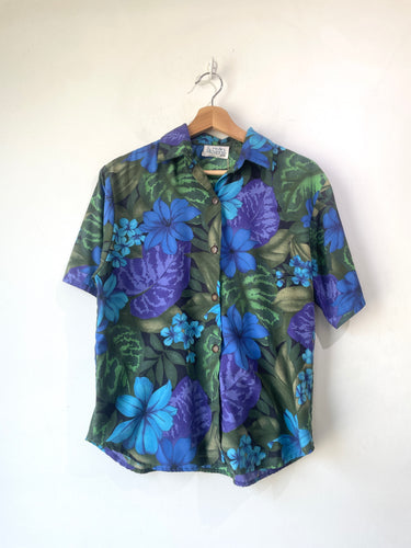 Vintage Cristin Stevens Blue Green Floral Hawaiian Shirt