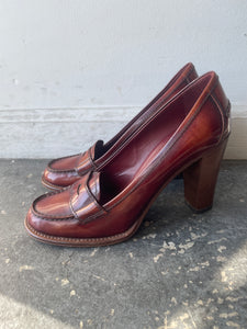 Prada Brown Leather Loafer Heels Size 36.5