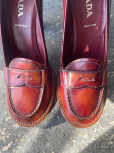 Prada Brown Leather Loafer Heels Size 36.5