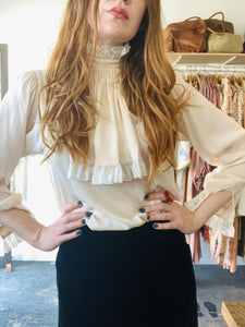 Vintage Cream Silk Blouse with Lace Collar and Bib