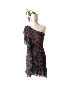 Veronica Beard Black Red Floral One Shoulder Dress