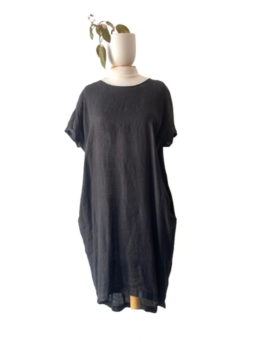 Black Crane Linen Cocoon Midi Dress