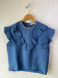 Sandro Blue Frilly Top with Pearl Collar