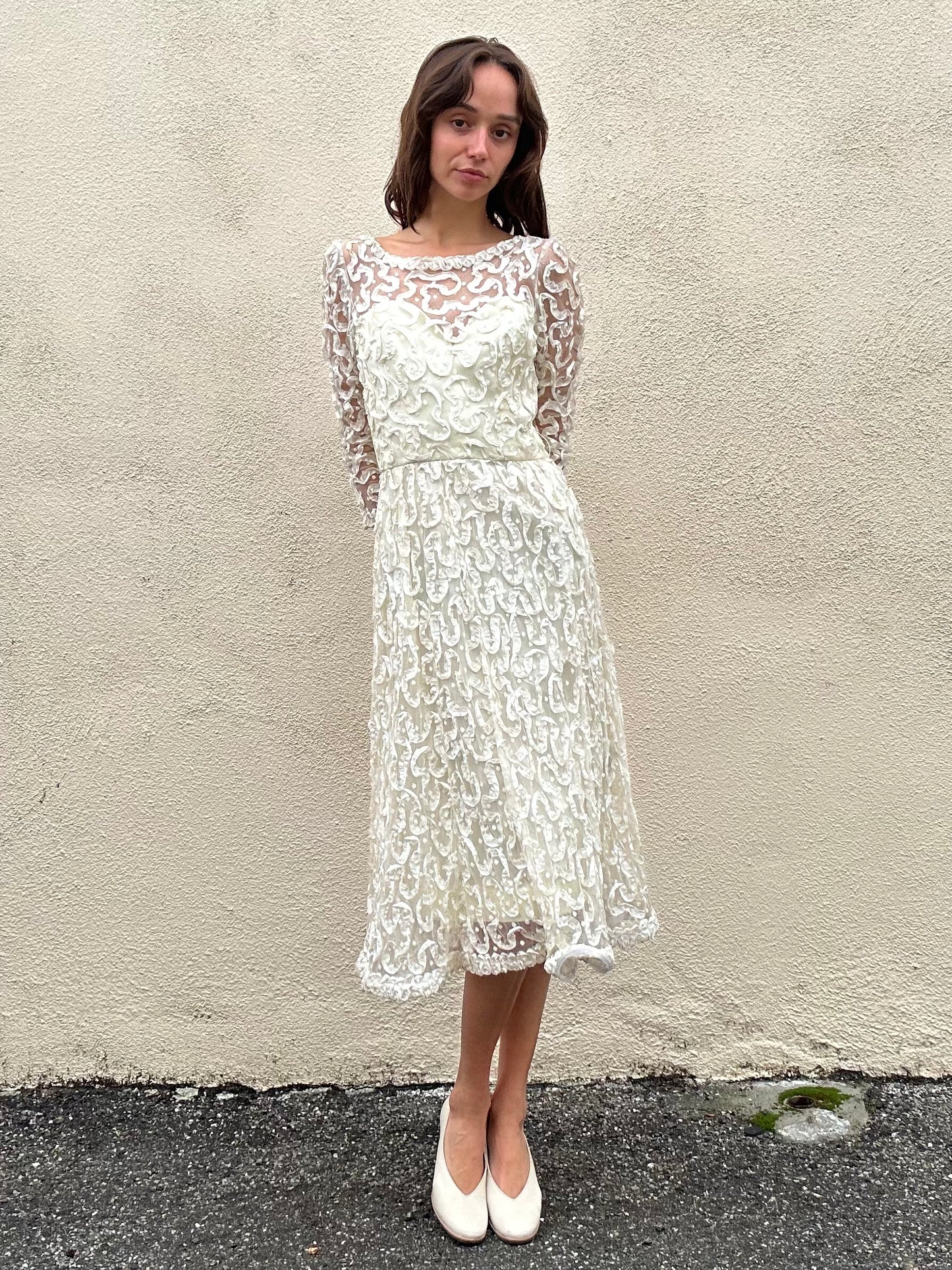 Vintage Victor Costa Semi Sheer Patterned White Dress