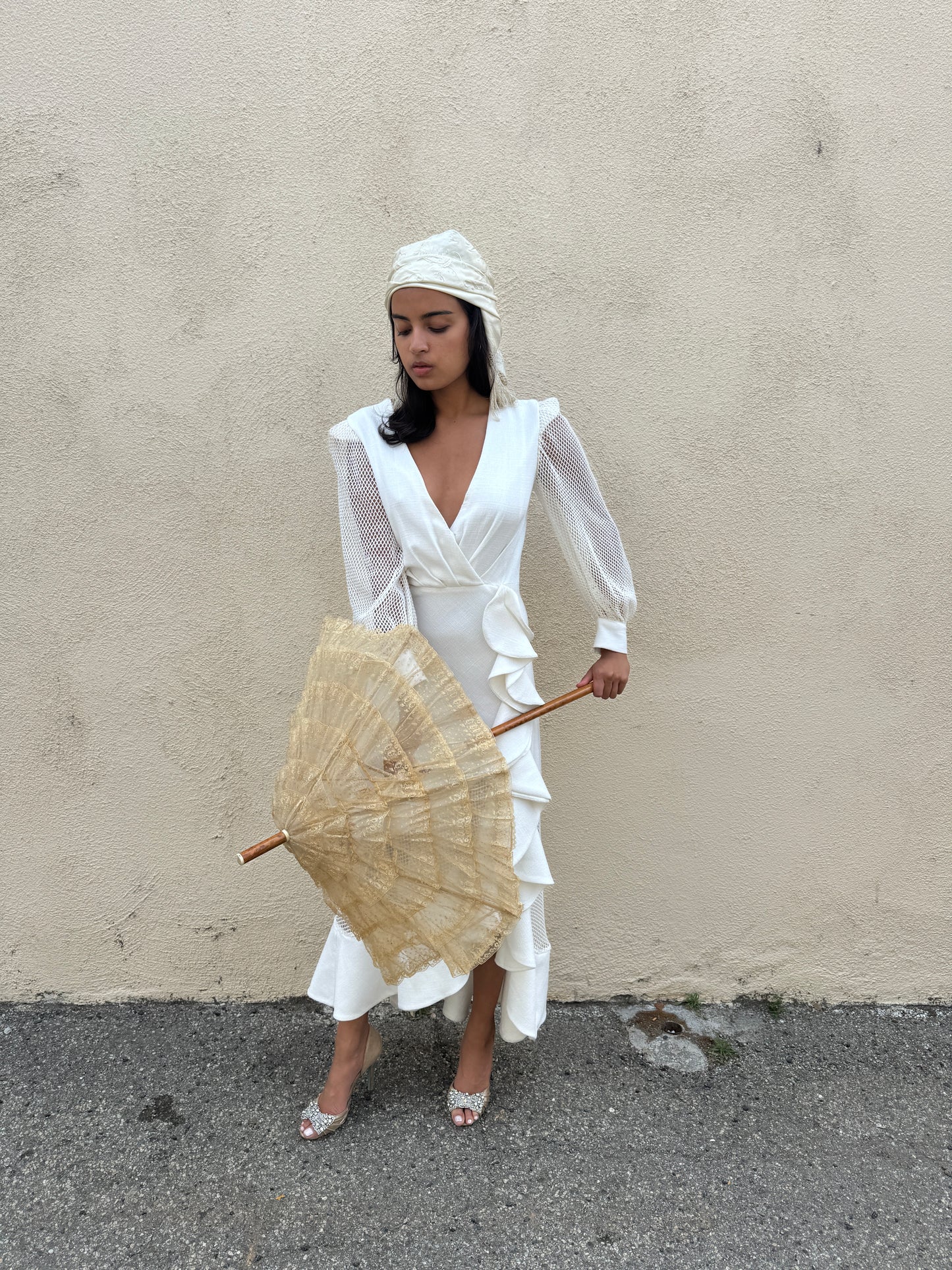 PatBO White Fishnet Sleeve Gown – The Curatorial Dept