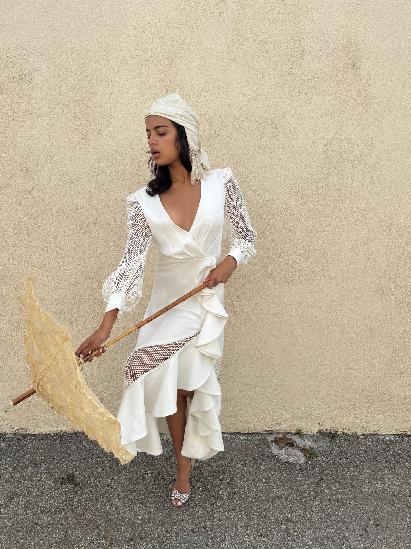 PatBO White Fishnet Sleeve Gown - The Curatorial Dept.