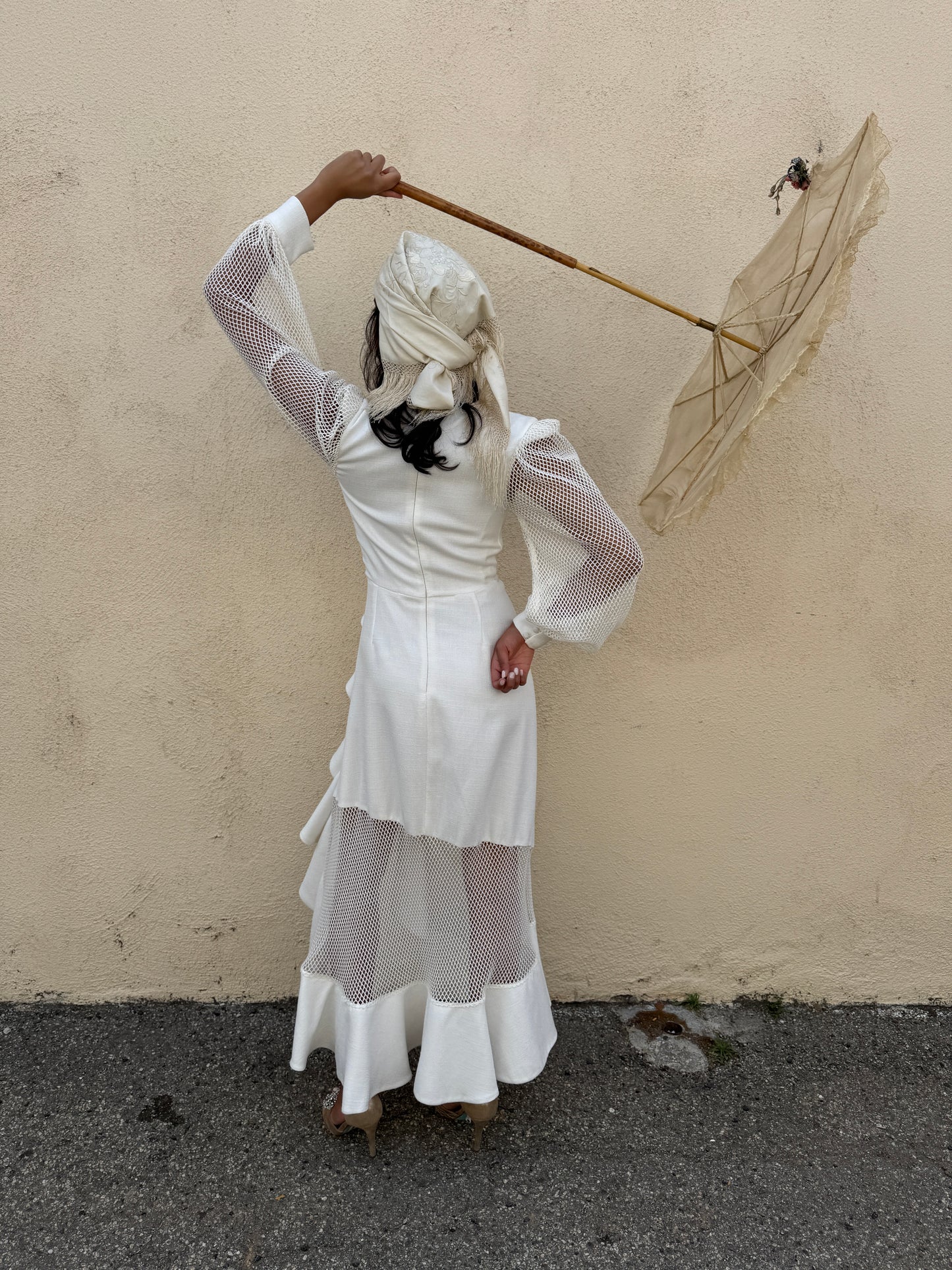 PatBO White Fishnet Sleeve Gown – The Curatorial Dept