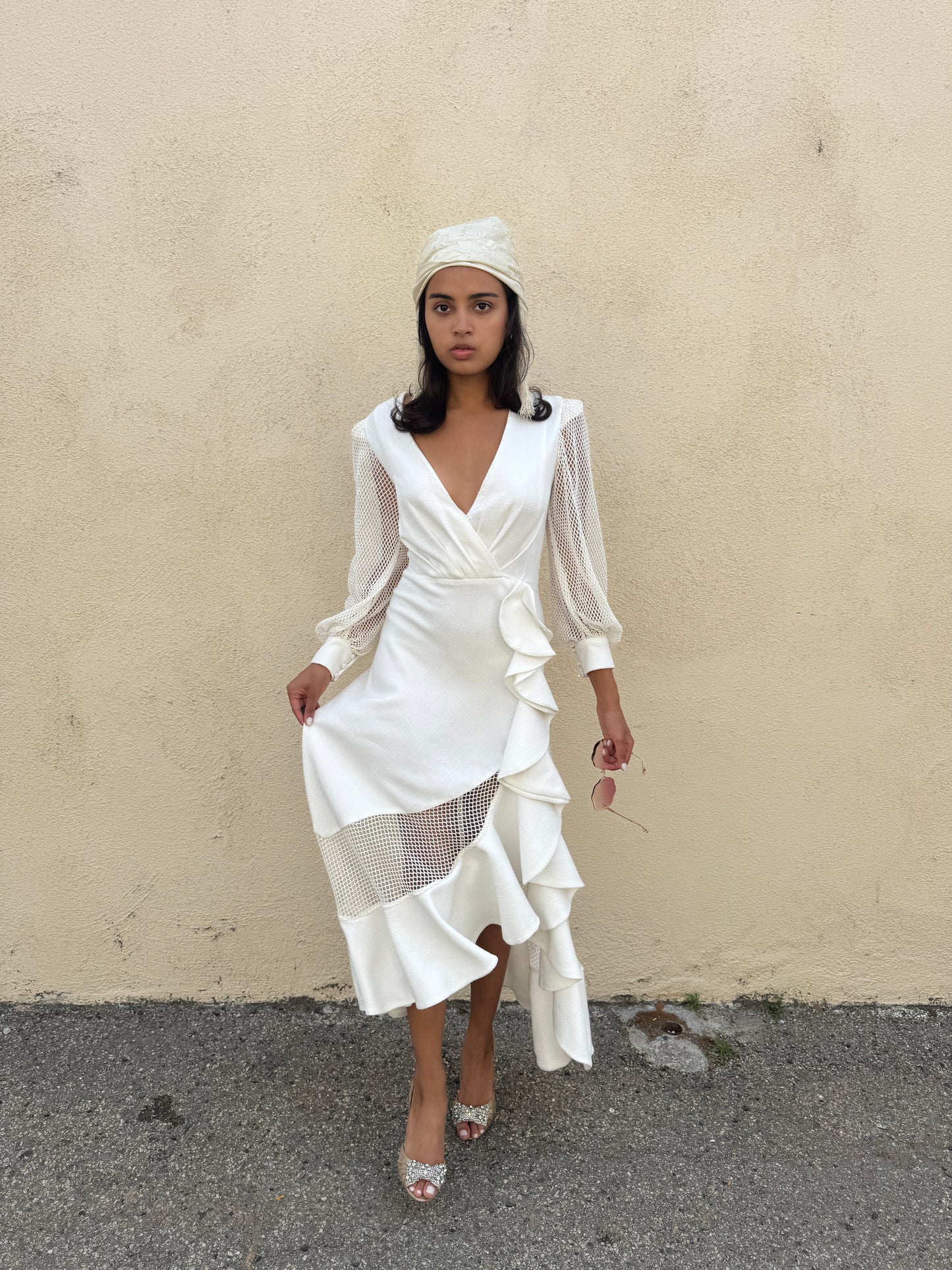 PatBO White Fishnet Sleeve Gown - The Curatorial Dept.