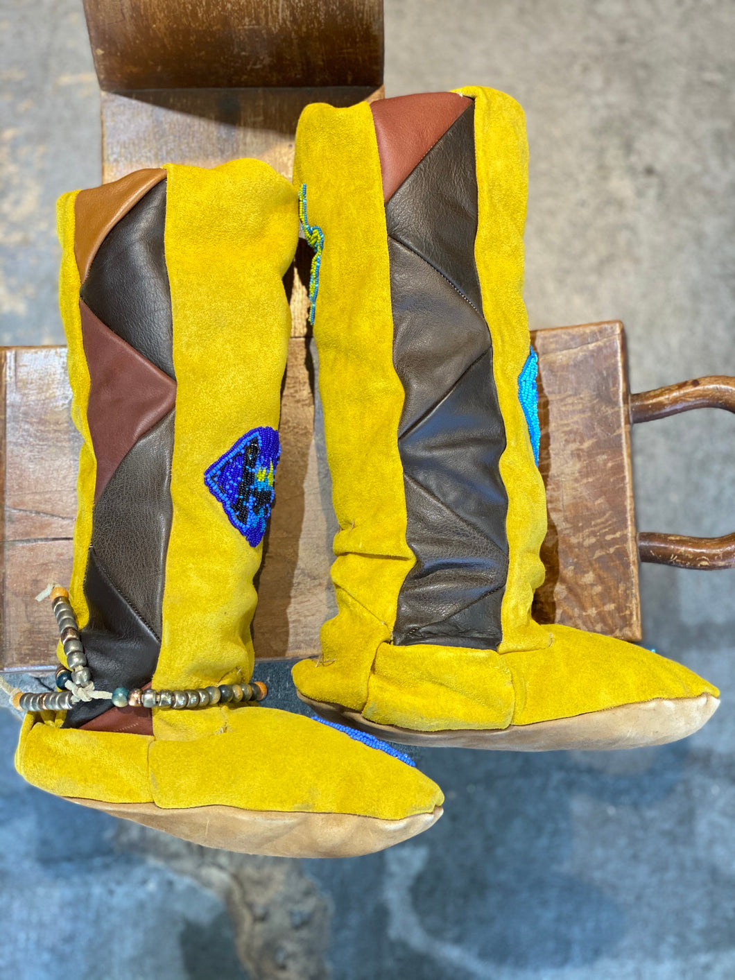 Vintage Yellow Suede Beaded Moccasin Boots