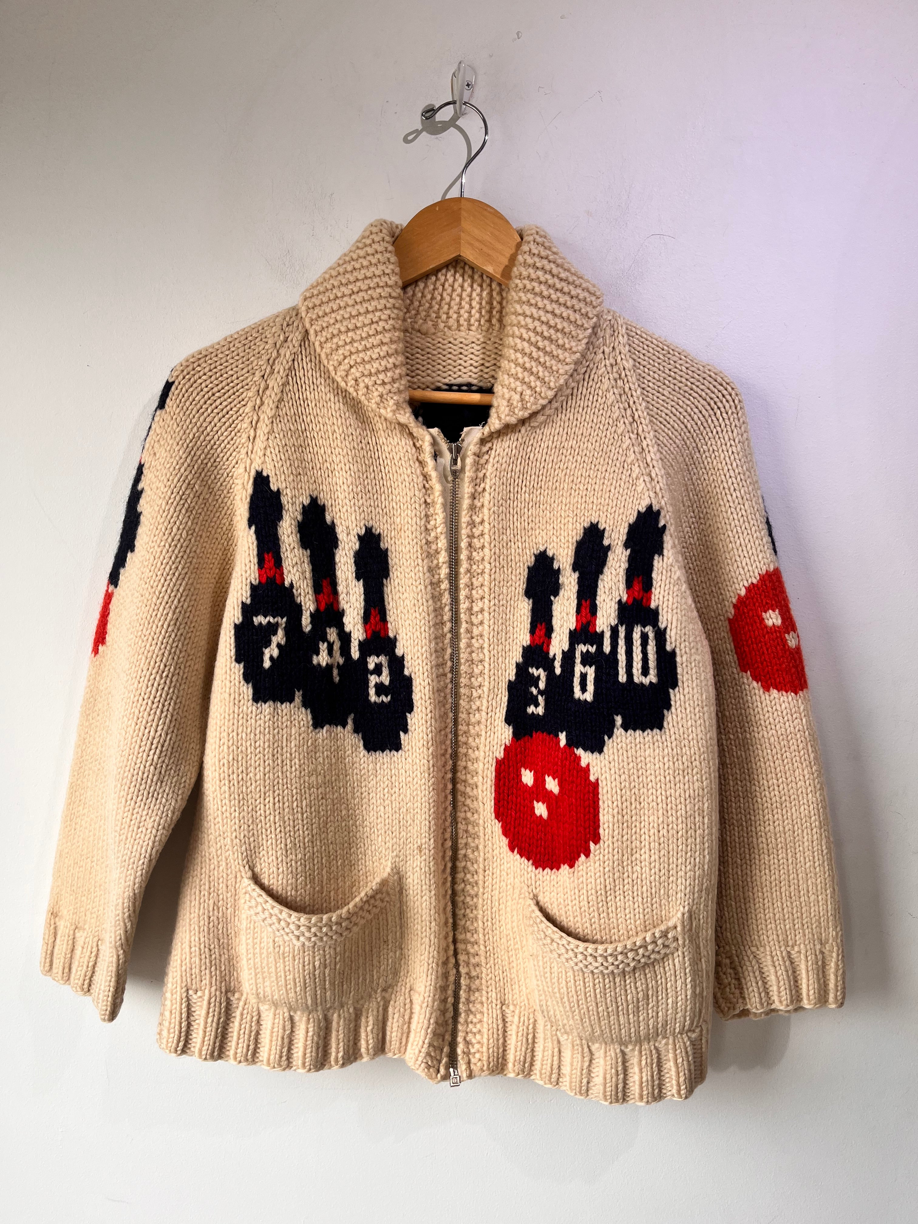 70’S VINTAGE BOWRING COWICHAN SWEATER Vintage Cowichan Bowling Motif Sweater – The Curatorial Dept.