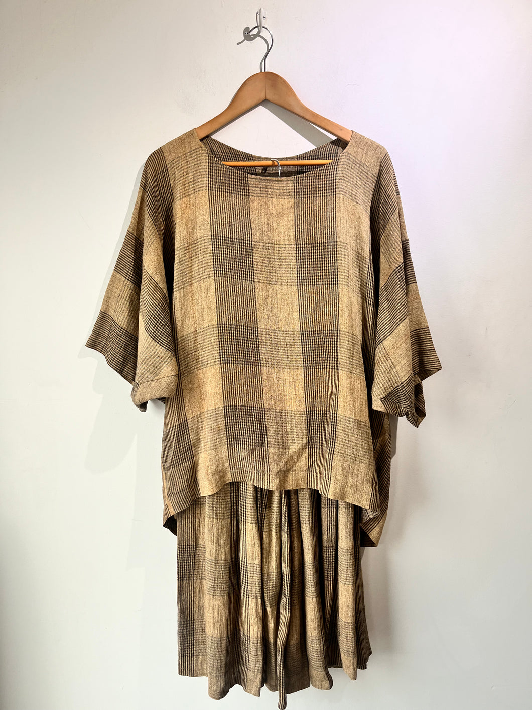 Vintage 1980s Issey Miyake Brown Plaid Linen 2 Piece Set