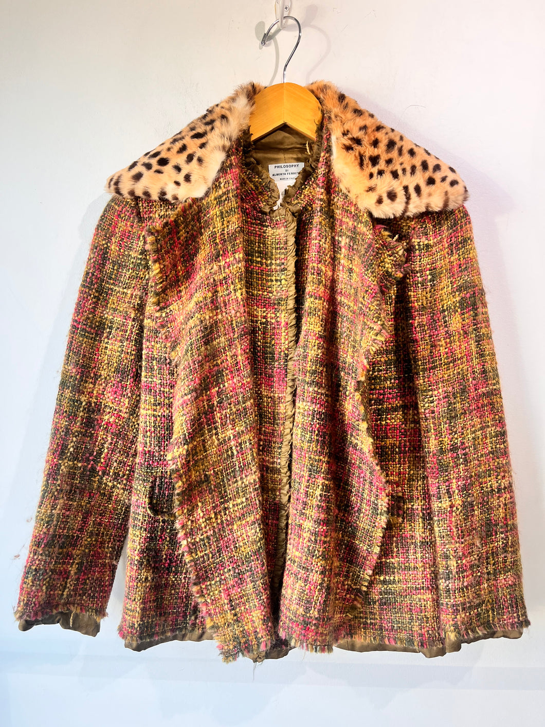 Philosophy Pink and Green Tweed Jacket with Detachable Leopard Collar