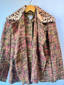 Philosophy Pink and Green Tweed Jacket with Detachable Leopard Collar