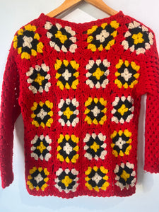 Ricardo Italy Red Granny Square Crochet Pullover Sweater