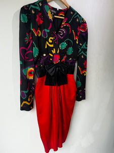 Escada Black and Red Abstract Floral Dress with Bow