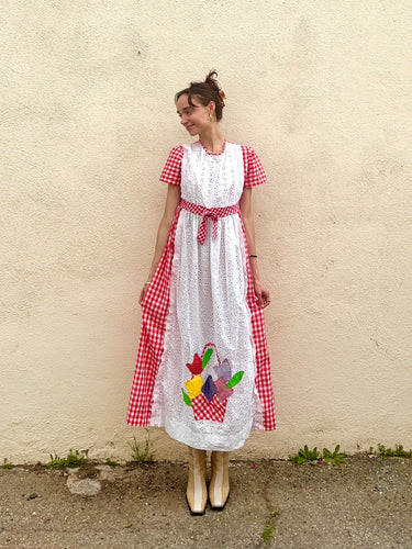 Vintage Gingham Dress with Patchwork Eyelet Apron Detail