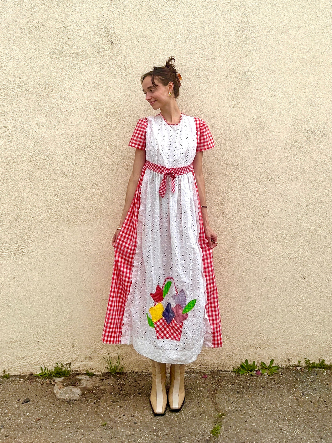 Vintage Gingham Dress with Patchwork Eyelet Apron Detail