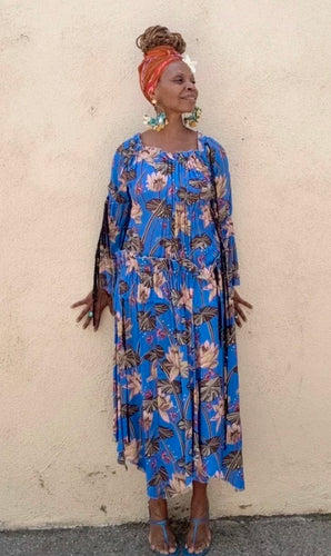 Loewe Blue Fish Floral Print Ruffled Dress