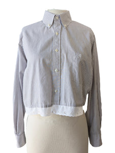 Etienne Aigner Grey & White Striped Shirt with Lace Detail