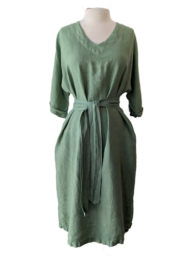 Green Linen V-Neck Dress with Sash
