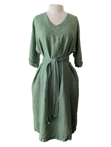 Green Linen V-Neck Dress with Sash