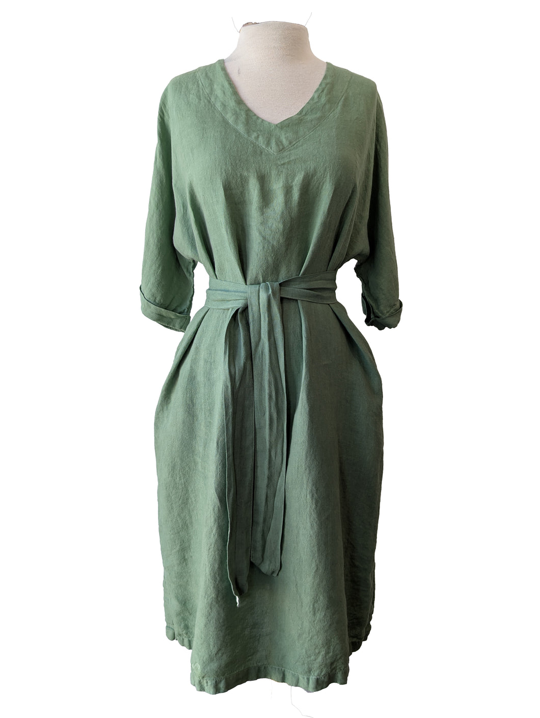 Green Linen V-Neck Dress with Sash