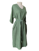 Green Linen V-Neck Dress with Sash