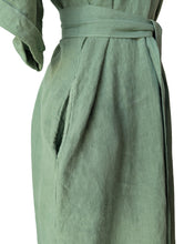 Green Linen V-Neck Dress with Sash