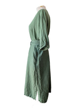 Green Linen V-Neck Dress with Sash