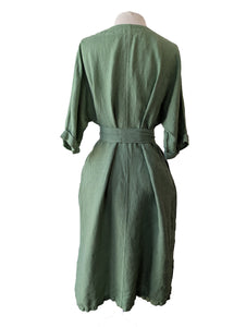 Green Linen V-Neck Dress with Sash