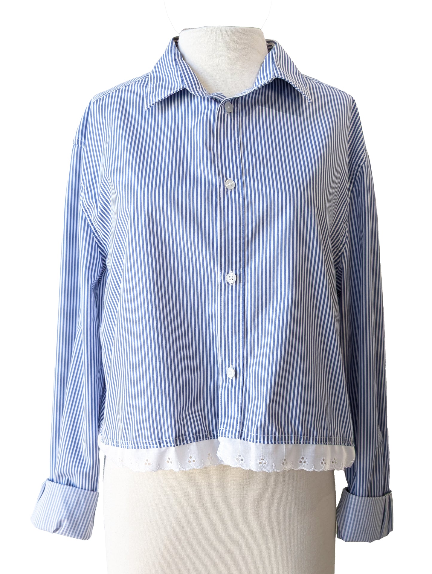 Blue & White Striped Cropped Button Up with Lace Detail The Curatorial Dept. Blue & White Striped Cropped Button Up with Lace Detail The Curatorial Dept.