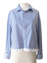 Blue & White Striped Cropped Button Up with Lace Detail