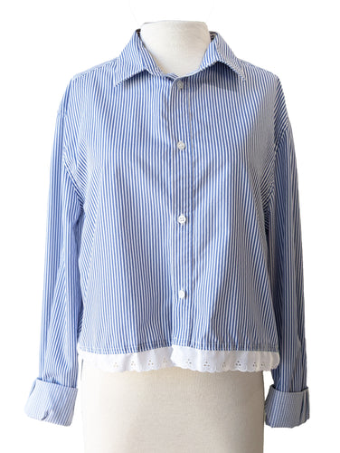 Blue & White Striped Cropped Button Up with Lace Detail