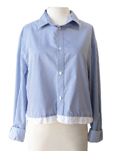 Blue & White Striped Cropped Button Up with Lace Detail