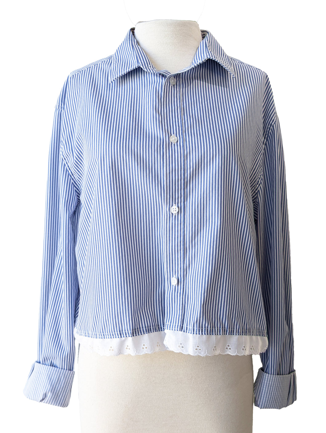 Blue & White Striped Cropped Button Up with Lace Detail