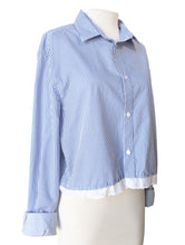 Blue & White Striped Cropped Button Up with Lace Detail