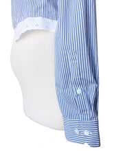 Blue & White Striped Cropped Button Up with Lace Detail