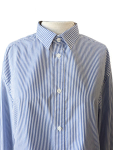 Blue & White Striped Cropped Button Up with Lace Detail