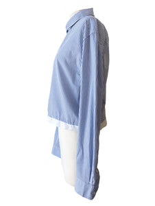 Blue & White Striped Cropped Button Up with Lace Detail