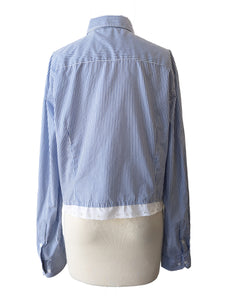 Blue & White Striped Cropped Button Up with Lace Detail