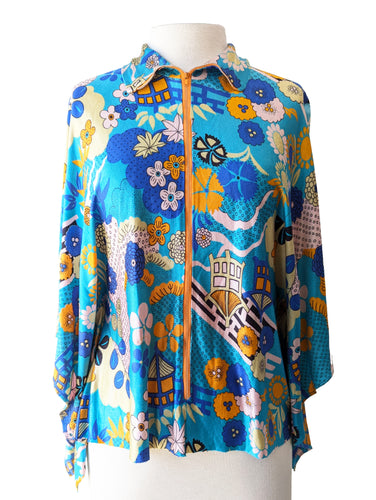 Vintage Psychedelic Aqua Floral Print Poncho Blouse