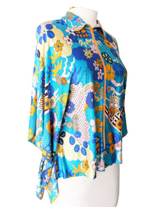 Vintage Psychedelic Aqua Floral Print Poncho Blouse