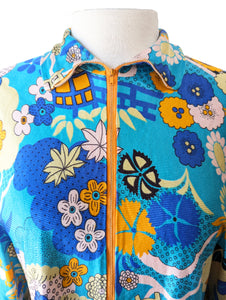 Vintage Psychedelic Aqua Floral Print Poncho Blouse