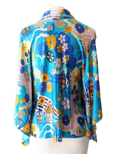 Vintage Psychedelic Aqua Floral Print Poncho Blouse